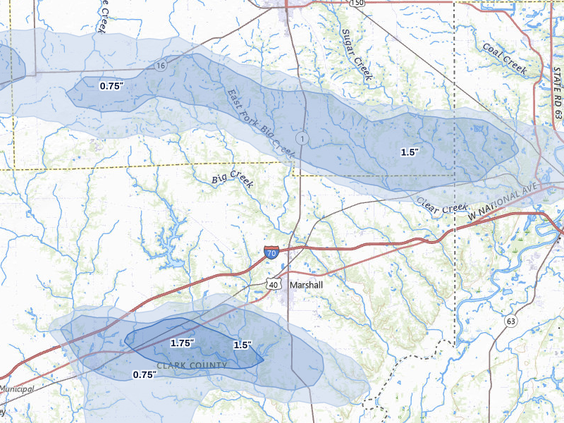 NEXRAD radar-signature map of the hail storm over Marshall, IL on Jun 9, 2026