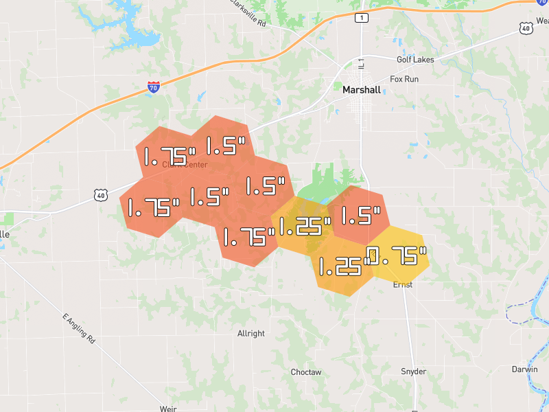 Hail map of Marshall, IL on Jun 9, 2026, hail up to 1.75"