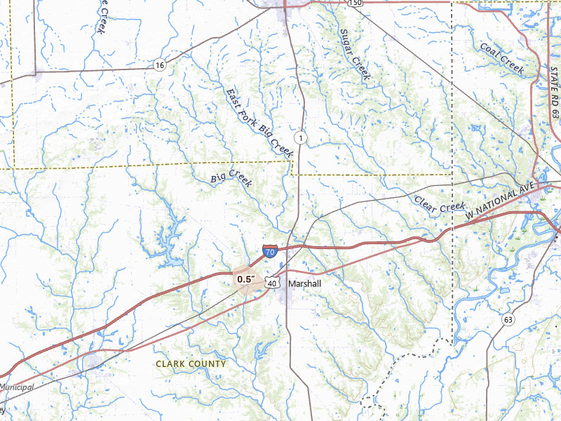 Radar-estimated hail-size map of the storm over Marshall, IL on Jun 16, 2026
