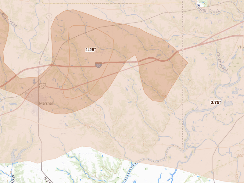 Radar-estimated hail-size map of the storm over Marshall, IL on Jun 17, 2026