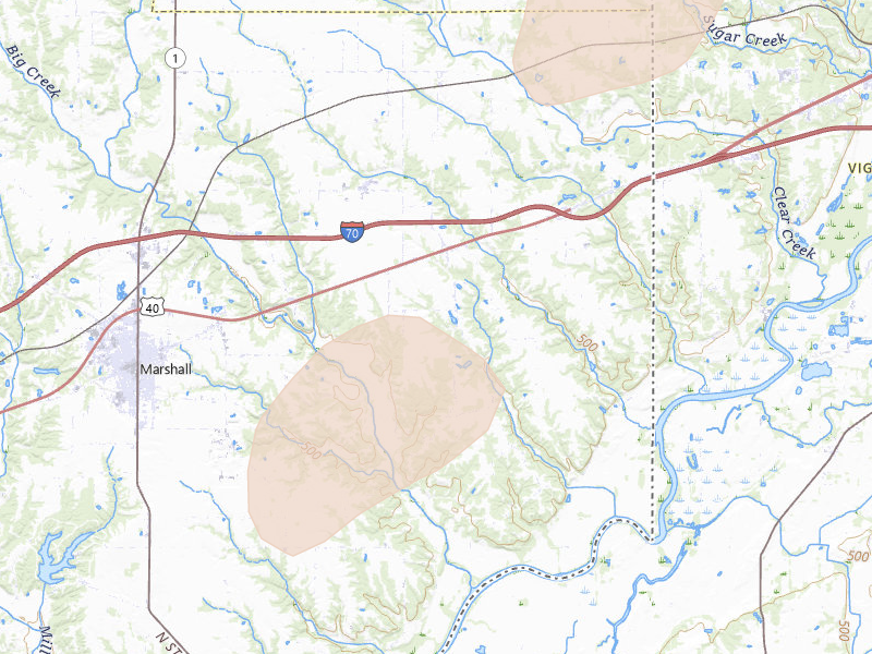 Radar-estimated hail-size map of the storm over Marshall, IL on Jul 4, 2026