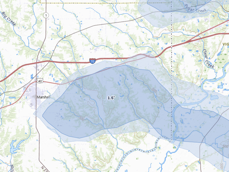 NEXRAD radar-signature map of the hail over Marshall, IL