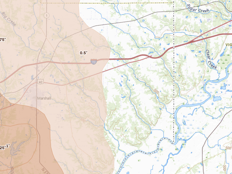Radar-estimated hail-size map of the storm over Marshall, IL on Jul 27, 2026