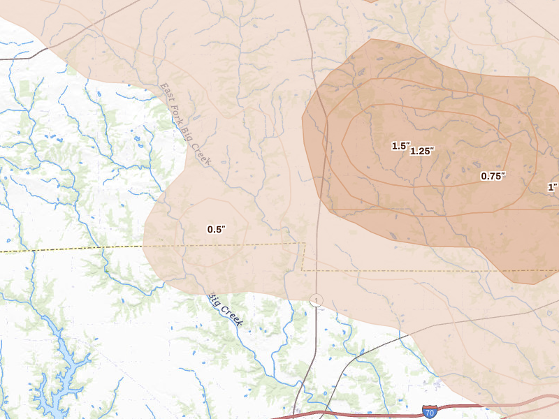 Radar-estimated hail-size map of the storm over Marshall, IL on Aug 11, 2026