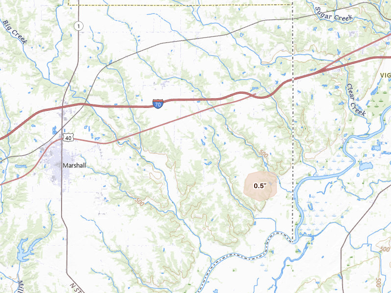 Radar-estimated hail-size map of the storm over Marshall, IL on Aug 12, 2026