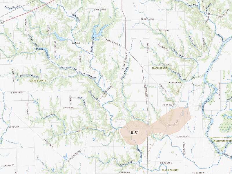 Radar-estimated hail-size map of the storm over Marshall, IL on Sep 16, 2026