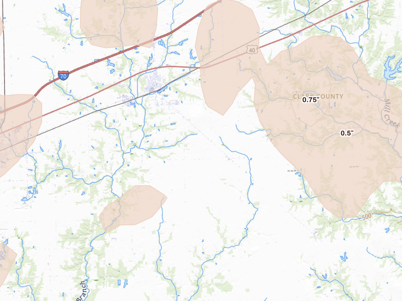 Radar-estimated hail-size map of the storm over Martinsville, IL on Apr 27, 2026
