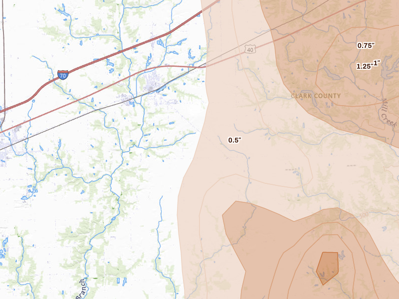 Radar-estimated hail-size map of the storm over Martinsville, IL on Jul 27, 2026