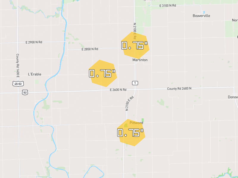 Hail map of Martinton, IL on Jun 6, 2026, hail up to 0.75"