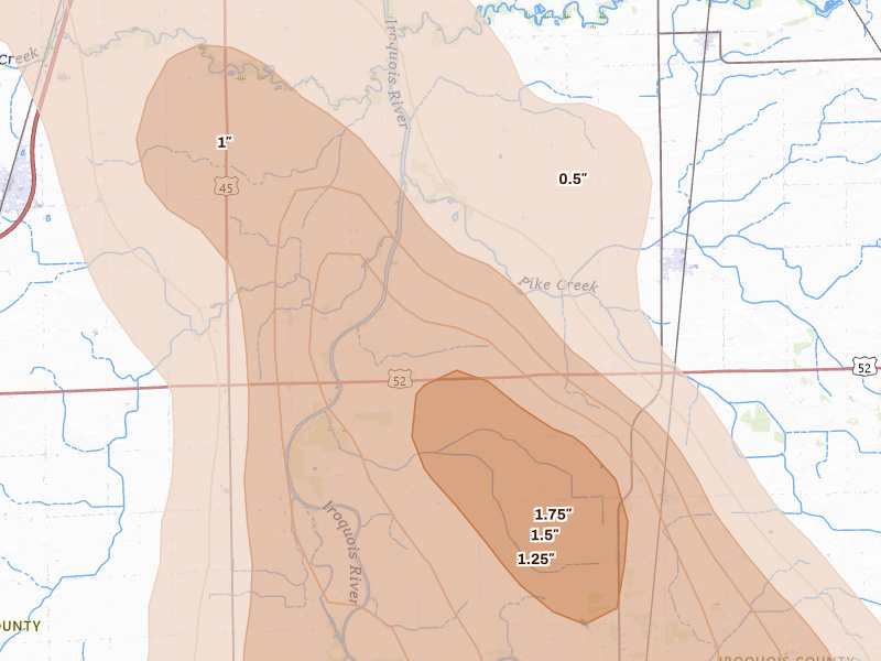 Radar-estimated hail-size map of the storm over Martinton, IL on Jul 27, 2026