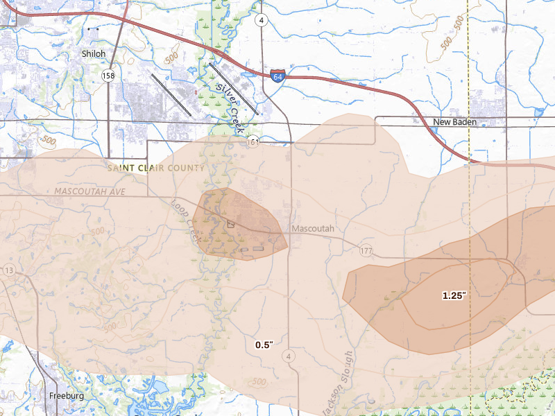 Radar-estimated hail-size map of the storm over Mascoutah, IL on Apr 26, 2026