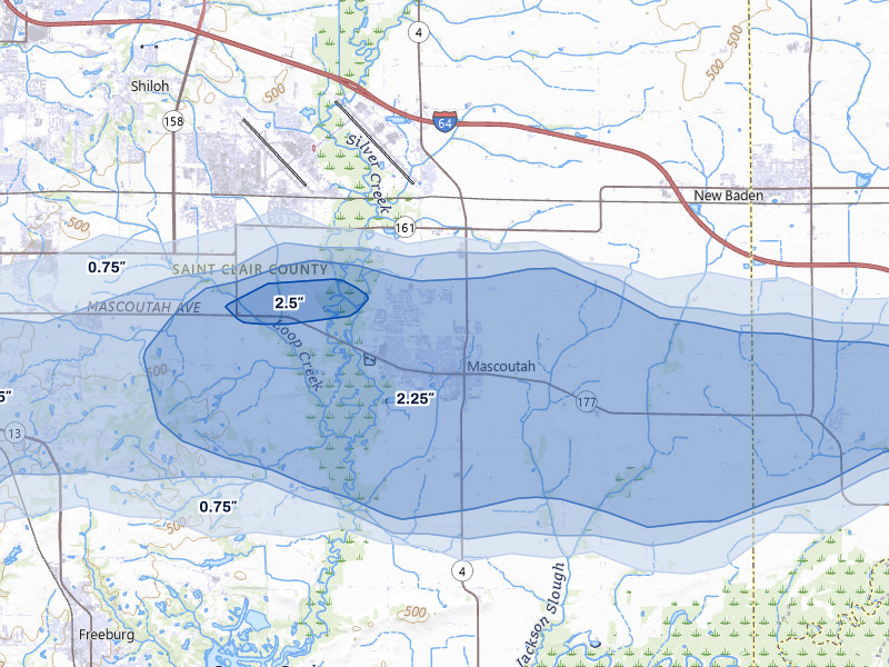 NEXRAD radar-signature map of the hail over Mascoutah, IL