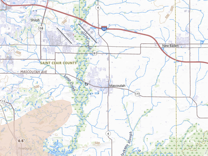 Radar-estimated hail-size map of the storm over Mascoutah, IL on May 16, 2026