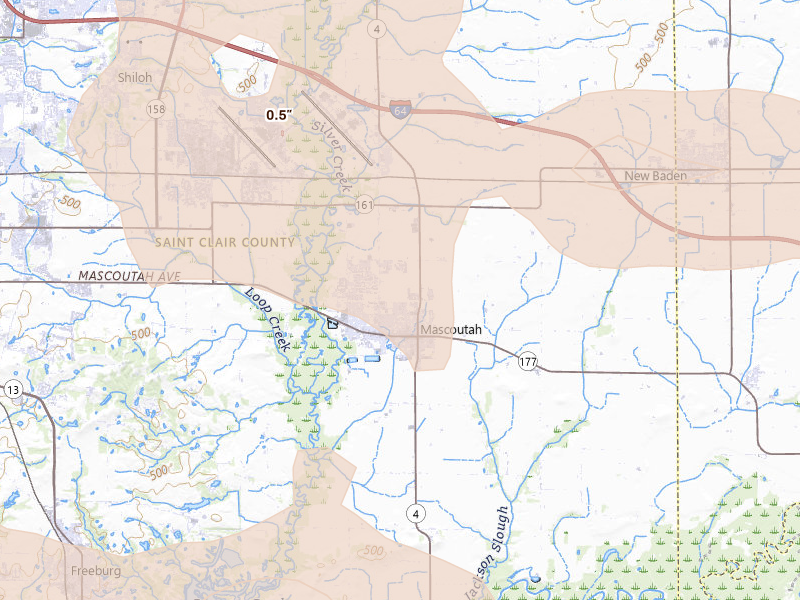 Radar-estimated hail-size map of the storm over Mascoutah, IL on May 31, 2026