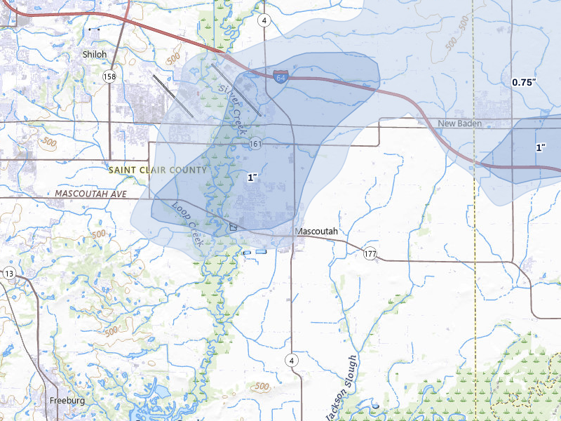 NEXRAD radar-signature map of the hail storm over Mascoutah, IL on Jul 8, 2026