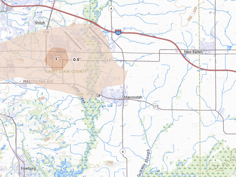 Radar-estimated hail-size map of the storm over Mascoutah, IL on Jul 10, 2026