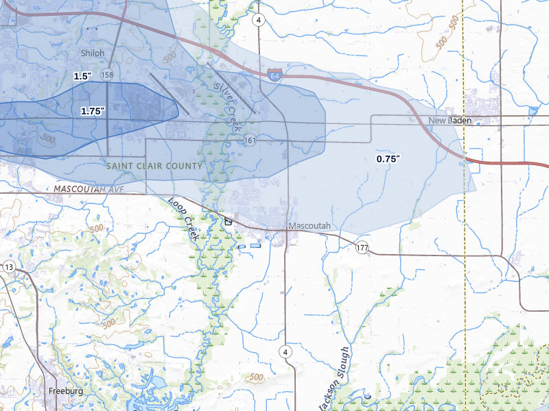 NEXRAD radar-signature map of the hail storm over Mascoutah, IL on Jul 10, 2026
