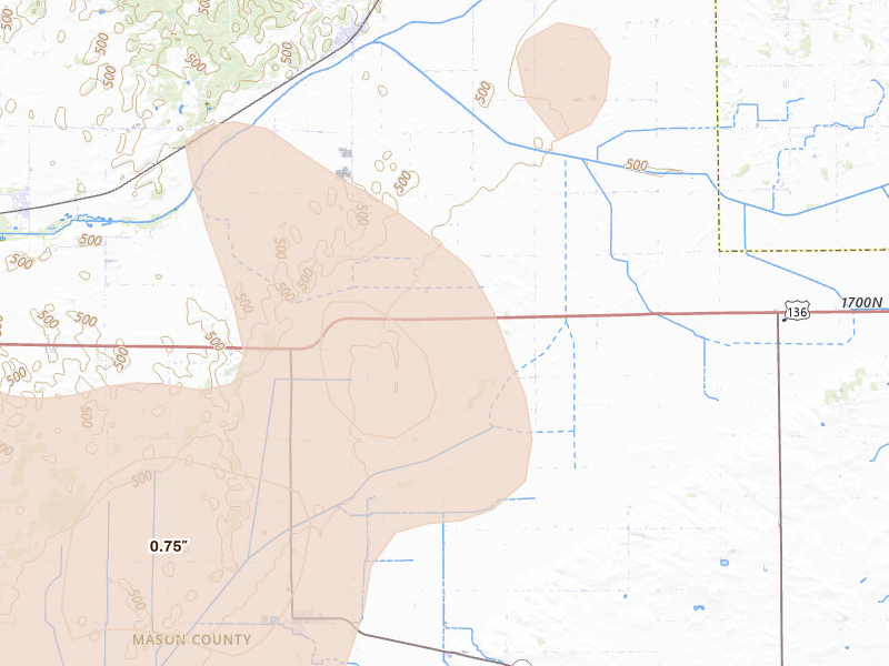 Radar-estimated hail-size map of the storm over Mason City, IL on Mar 15, 2026