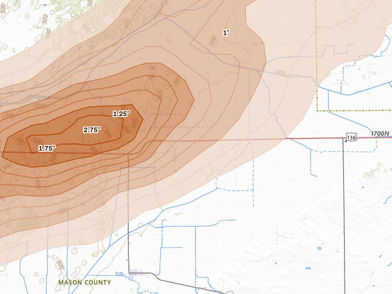 Radar-estimated hail-size map of the storm over Mason City, IL on Apr 3, 2026