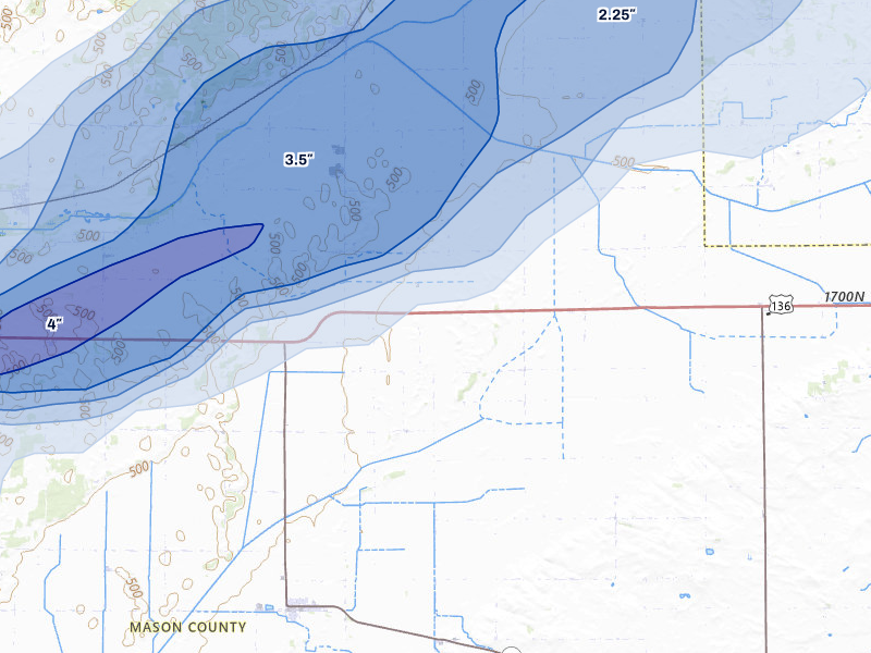 NEXRAD radar-signature map of the hail storm over Mason City, IL on Apr 3, 2026