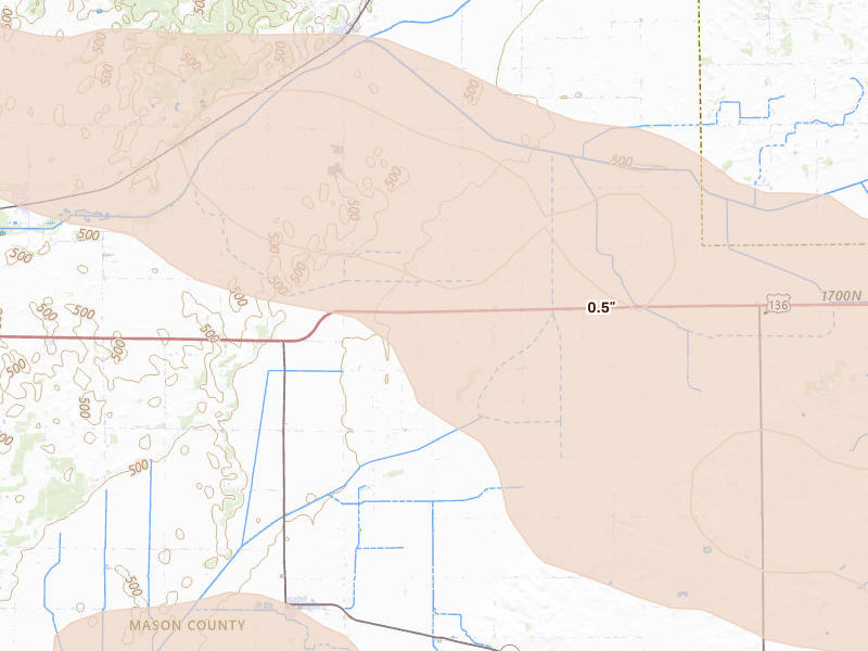 Radar-estimated hail-size map of the storm over Mason City, IL on May 4, 2026