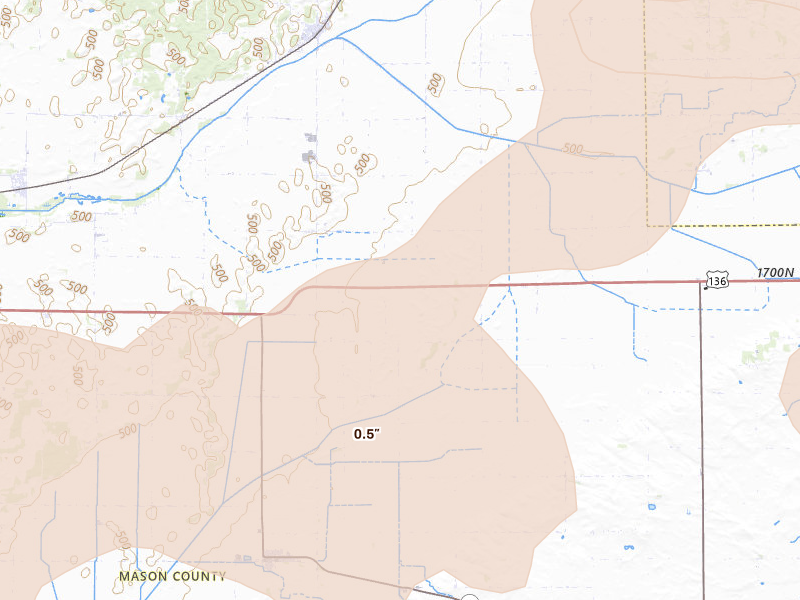 Radar-estimated hail-size map of the storm over Mason City, IL on Jun 11, 2026