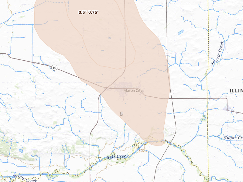 Radar-estimated hail-size map of the storm over Mason City, IL on Aug 21, 2026