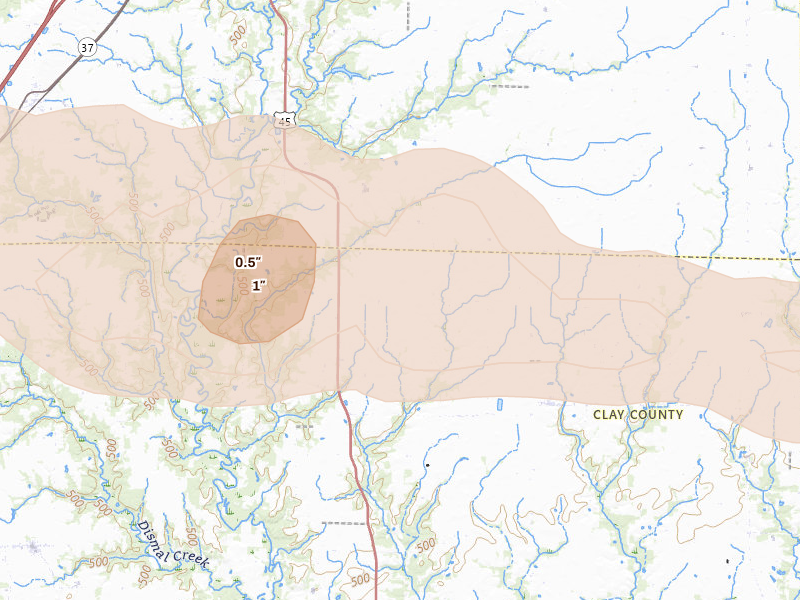 Radar-estimated hail-size map of the storm over Mason, IL on Mar 4, 2026