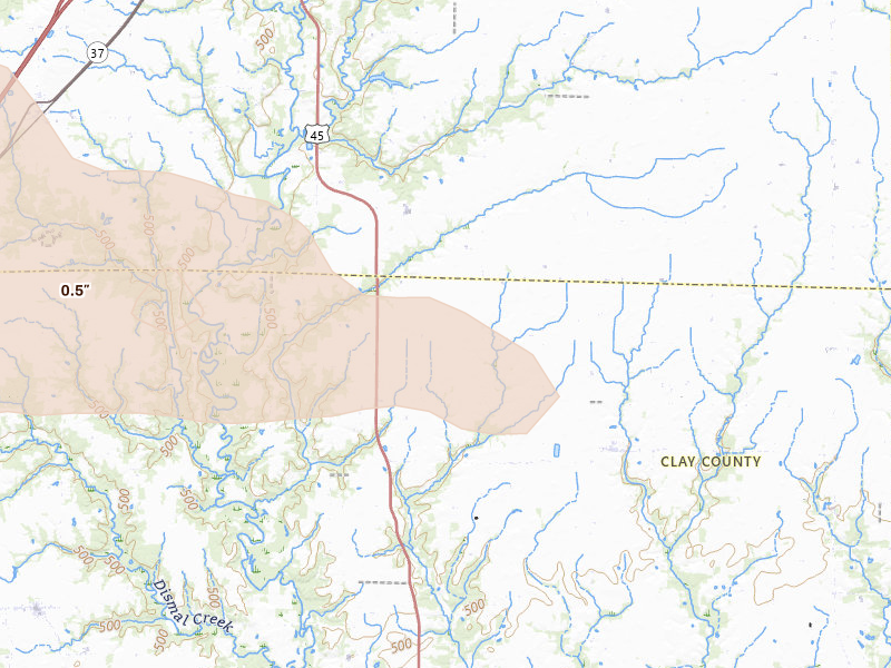 Radar-estimated hail-size map of the storm over Mason, IL on Jun 17, 2026