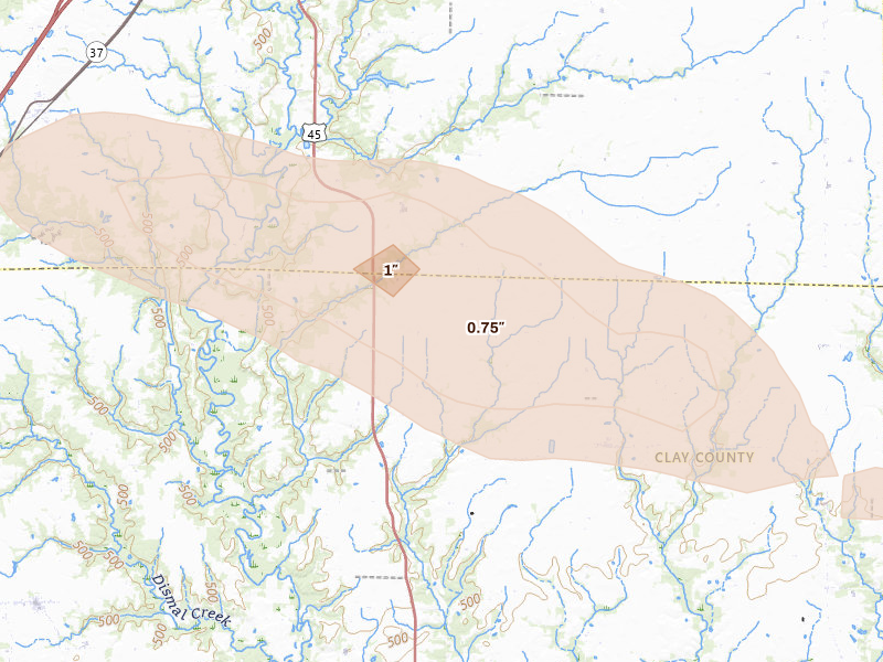 Radar-estimated hail-size map of the storm over Mason, IL on Jun 25, 2026