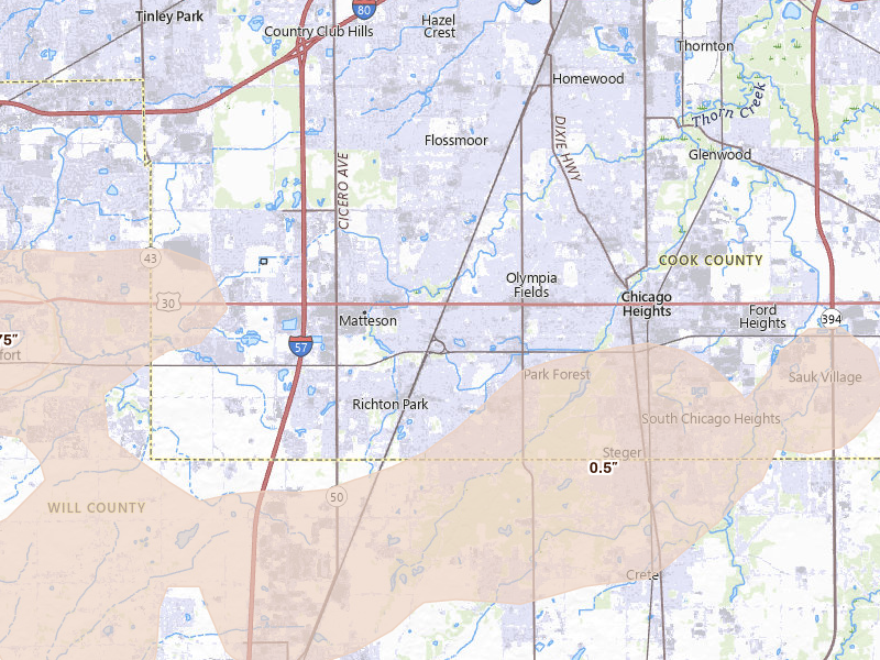 Radar-estimated hail-size map of the storm over Matteson, IL on Mar 31, 2026