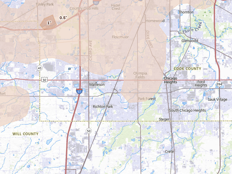 Radar-estimated hail-size map of the storm over Matteson, IL on Jul 3, 2026