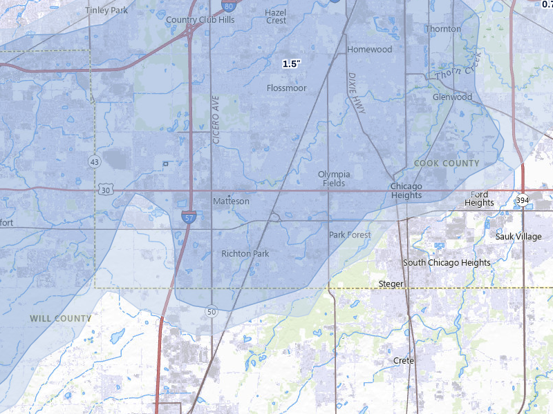 NEXRAD radar-signature map of the hail storm over Matteson, IL on Jul 3, 2026
