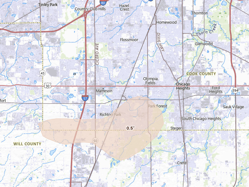 Radar-estimated hail-size map of the storm over Matteson, IL on Jul 9, 2026