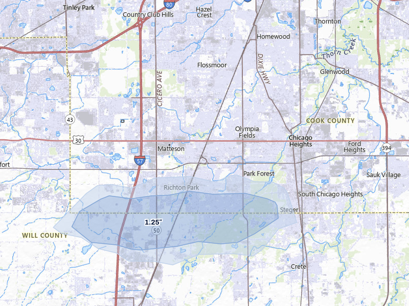 NEXRAD radar-signature map of the hail storm over Matteson, IL on Jul 9, 2026