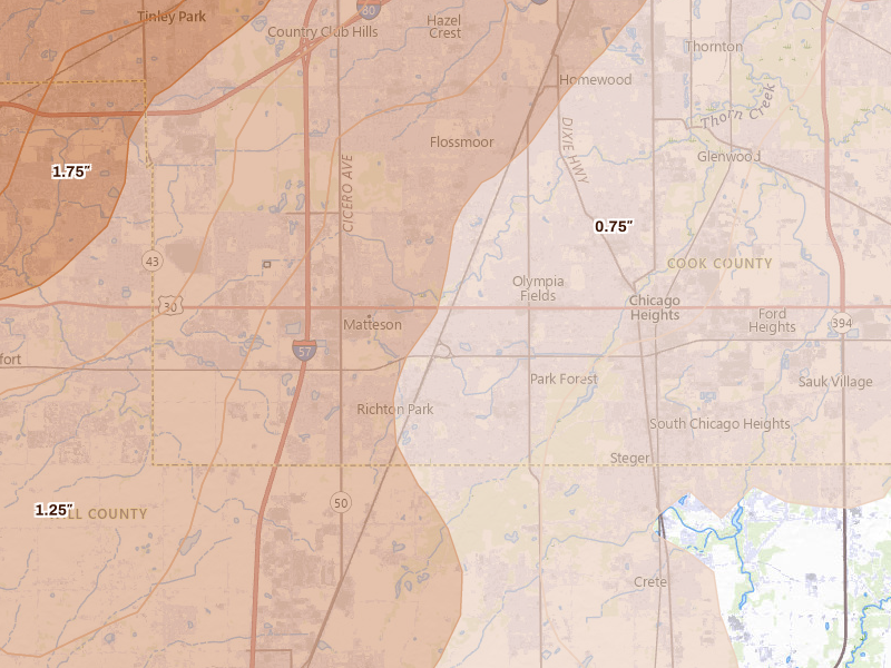 Radar-estimated hail-size map of the storm over Matteson, IL on Jul 27, 2026