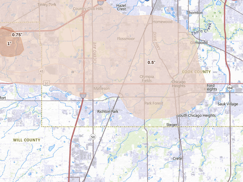 Radar-estimated hail-size map of the storm over Matteson, IL on Aug 9, 2026