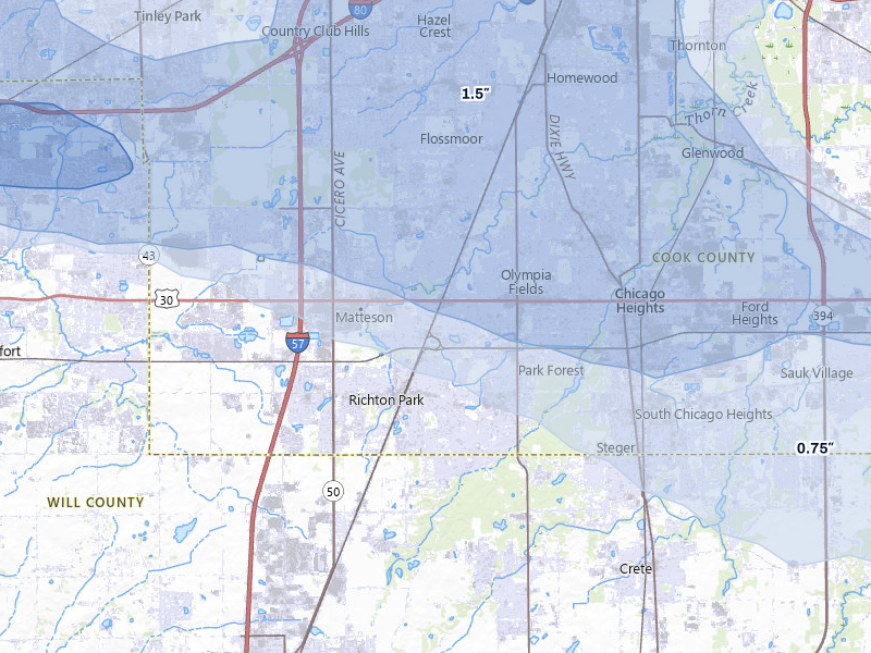 NEXRAD radar-signature map of the hail storm over Matteson, IL on Aug 9, 2026