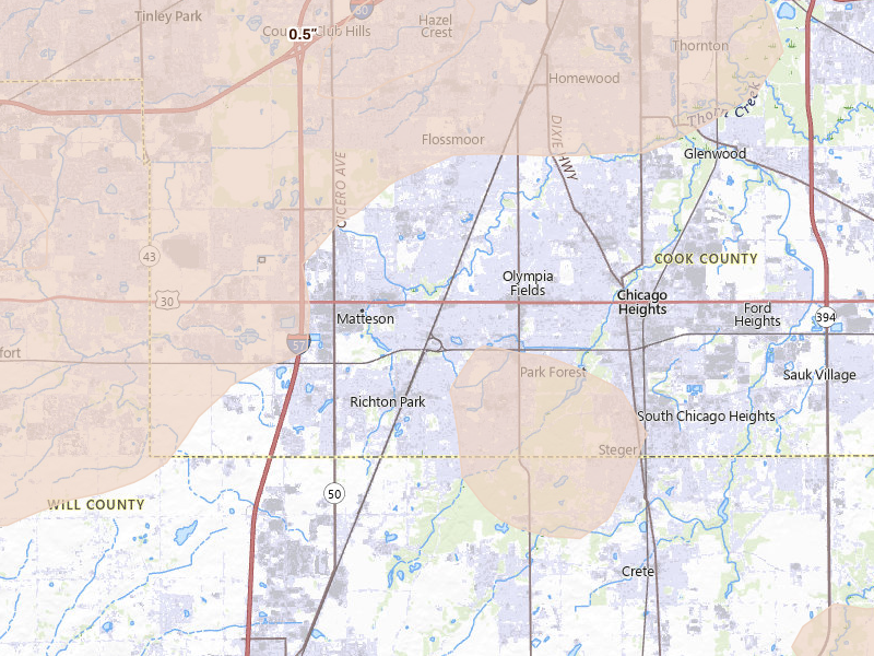 Radar-estimated hail-size map of the storm over Matteson, IL on Aug 11, 2026