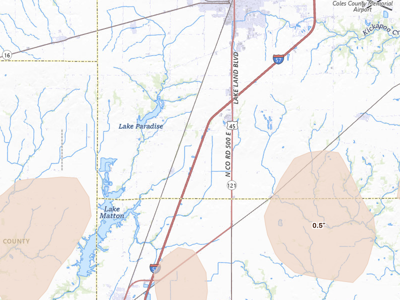 Radar-estimated hail-size map of the storm over Mattoon, IL on Apr 27, 2026