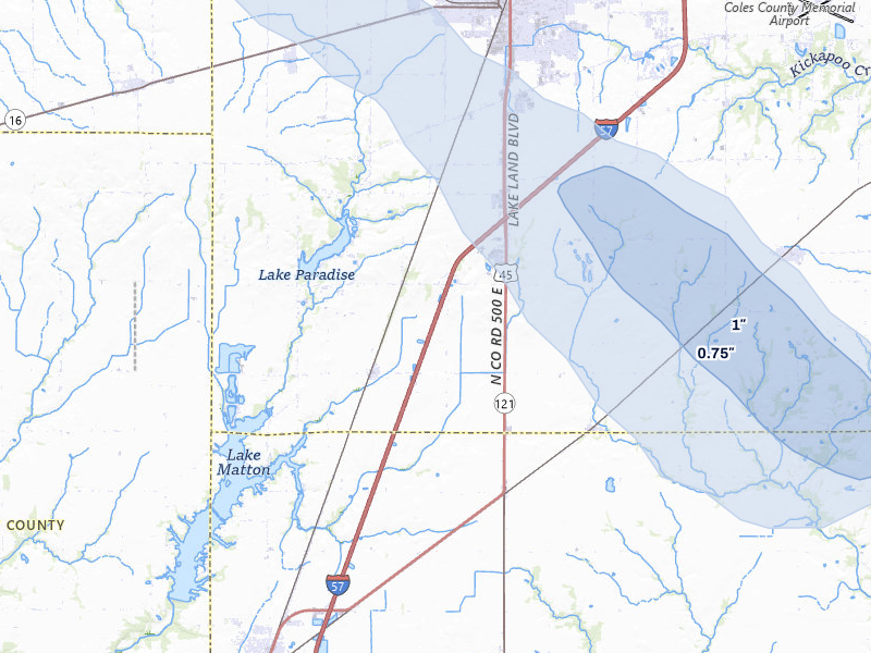 NEXRAD radar-signature map of the hail storm over Mattoon, IL on May 3, 2026