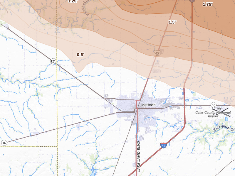 Radar-estimated hail-size map of the storm over Mattoon, IL on Jun 17, 2026
