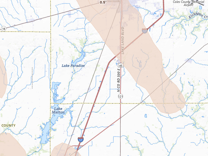 Radar-estimated hail-size map of the storm over Mattoon, IL on Jul 26, 2026