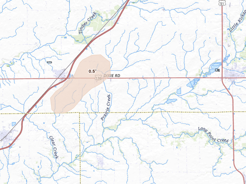 Radar-estimated hail-size map of the storm over Mc Lean, IL on Jul 4, 2026