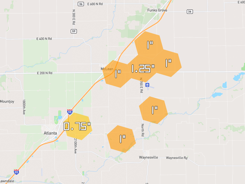 Hail map of Mc Lean, IL on Jul 4, 2026, hail up to 1.25"
