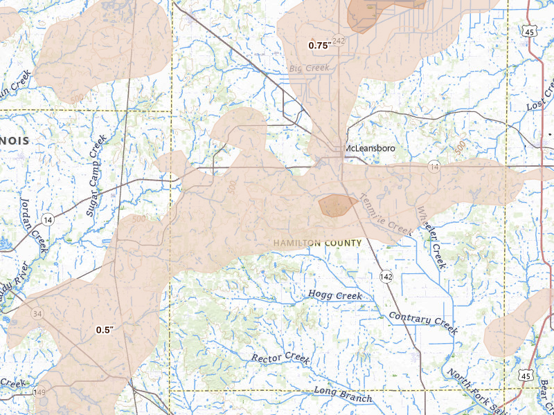 Radar-estimated hail-size map of the storm over Mc Leansboro, IL on Apr 27, 2026