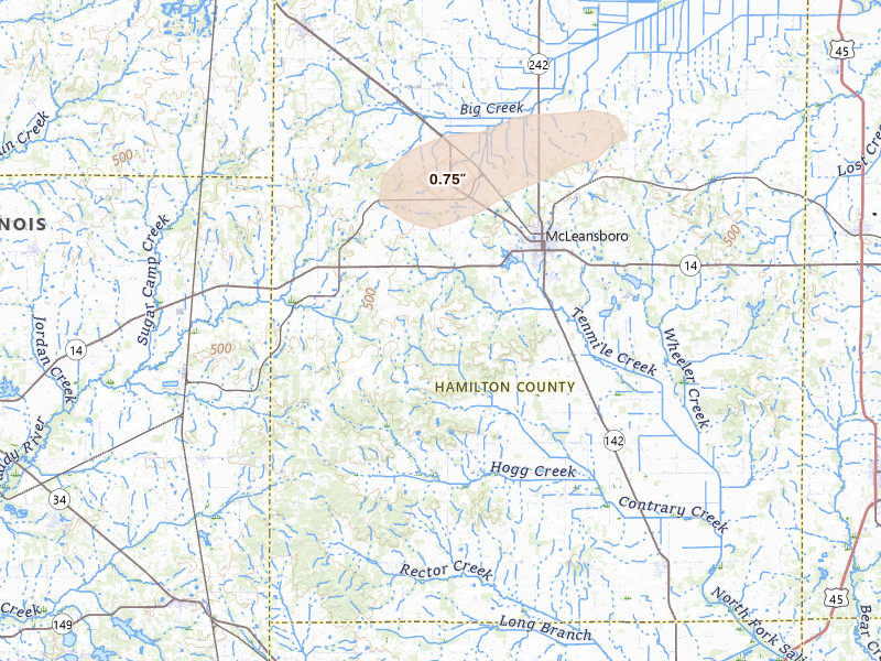 Radar-estimated hail-size map of the storm over Mc Leansboro, IL on Jun 9, 2026