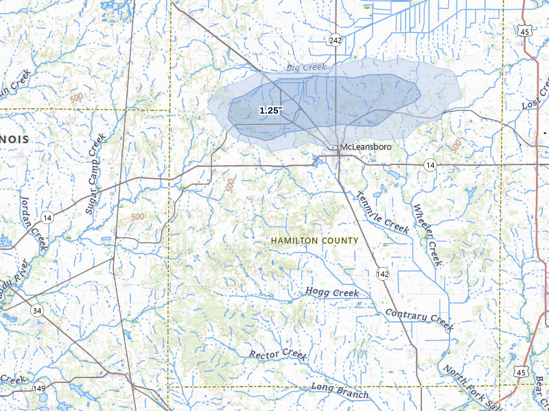 NEXRAD radar-signature map of the hail storm over Mc Leansboro, IL on Jun 9, 2026