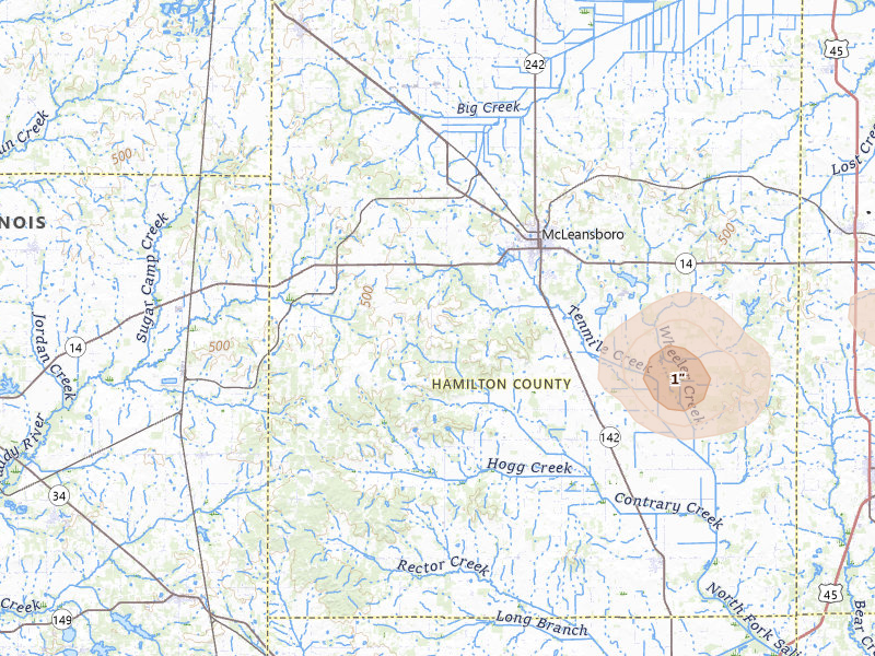 Radar-estimated hail-size map of the storm over Mc Leansboro, IL on Jul 5, 2026