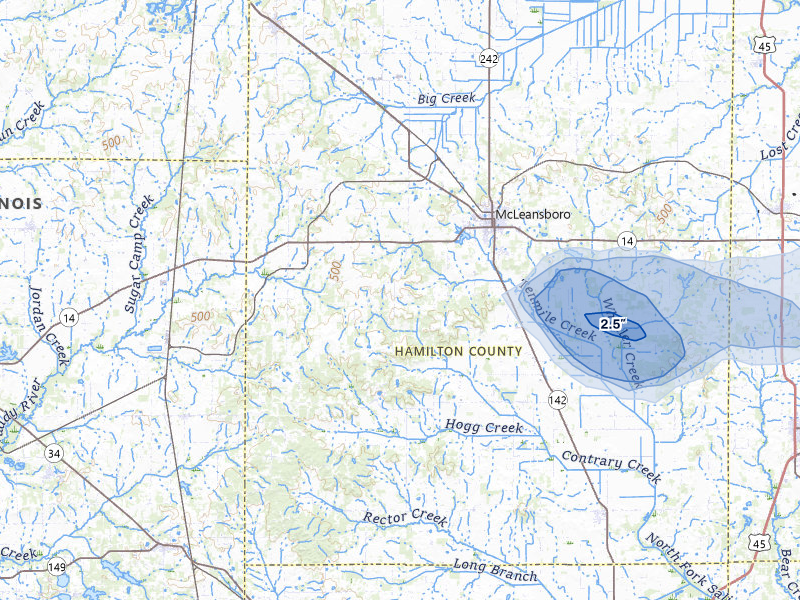 NEXRAD radar-signature map of the hail storm over Mc Leansboro, IL on Jul 5, 2026